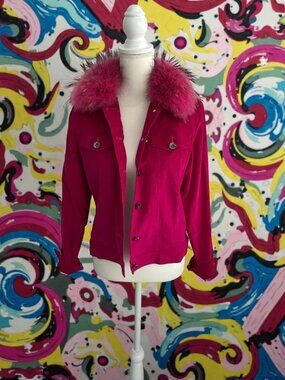 OH LA LA Pink Synthetic Fur Collar Jacket Size Medium NEW NWOT